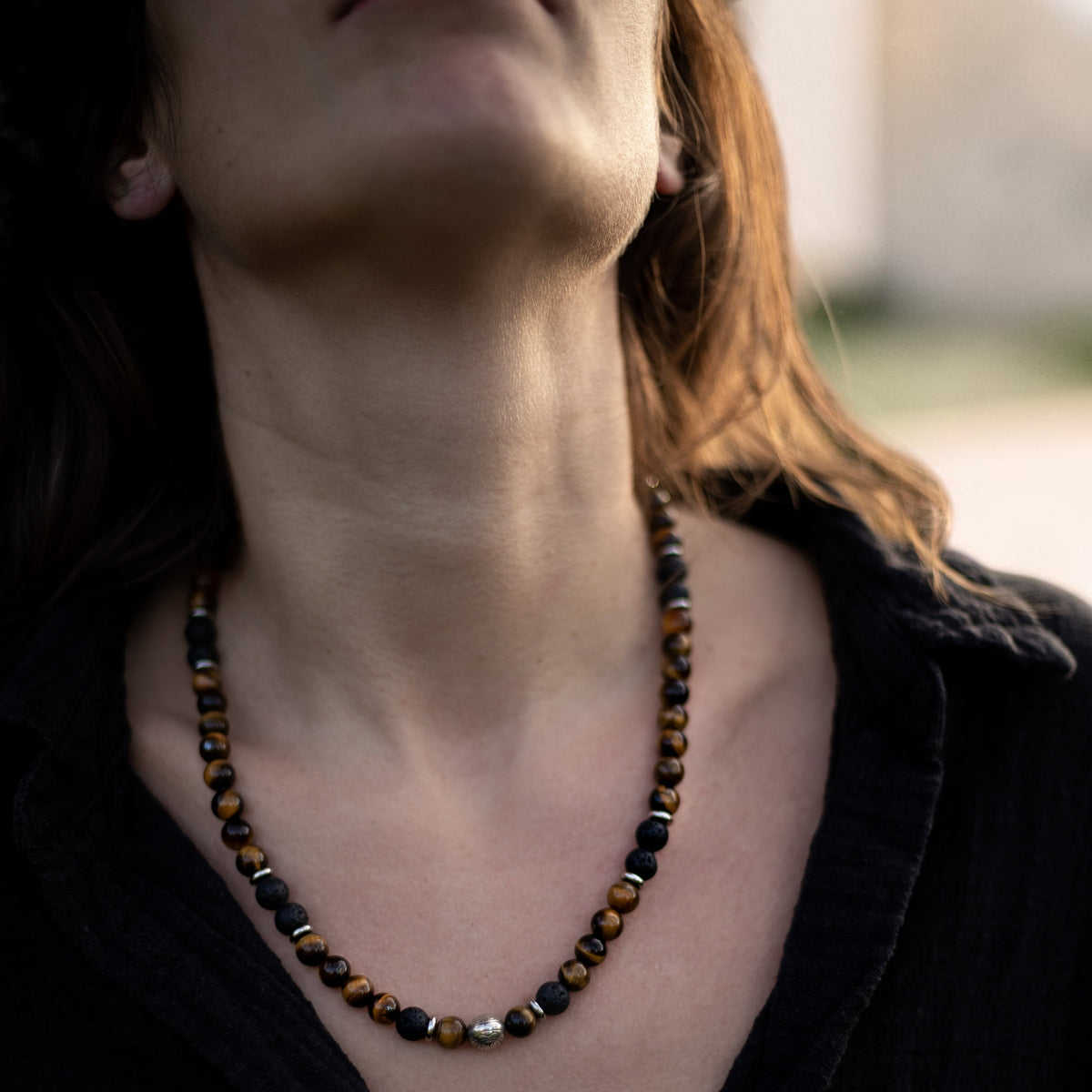 Collier Énergie Terre & Feu en Pierre de Lave & Oeil de Tigre