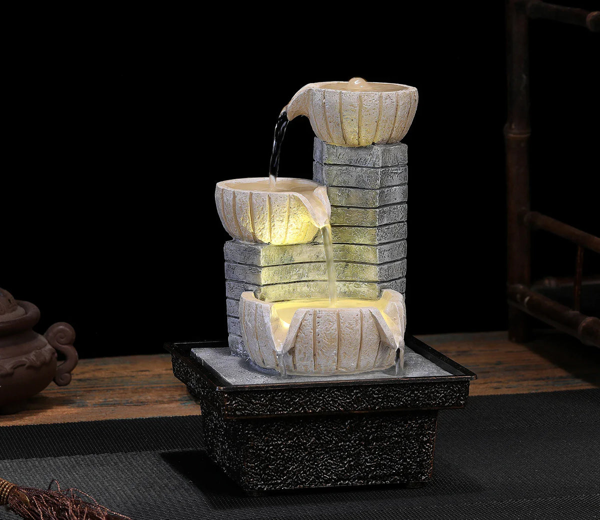 Fontaine Japonaise Zen d’Intérieur en Résine Poly avec Pompe Silencieuse et Débit Réglable