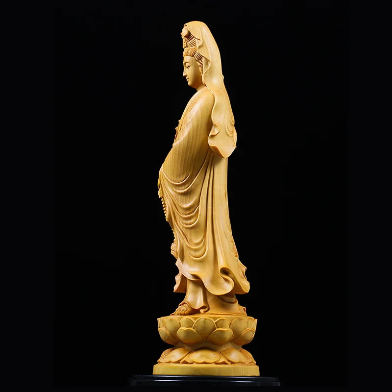 Statue Japonaise Guan Yin en Bois Massif | Sculpture Zen Compassion & Sérénité