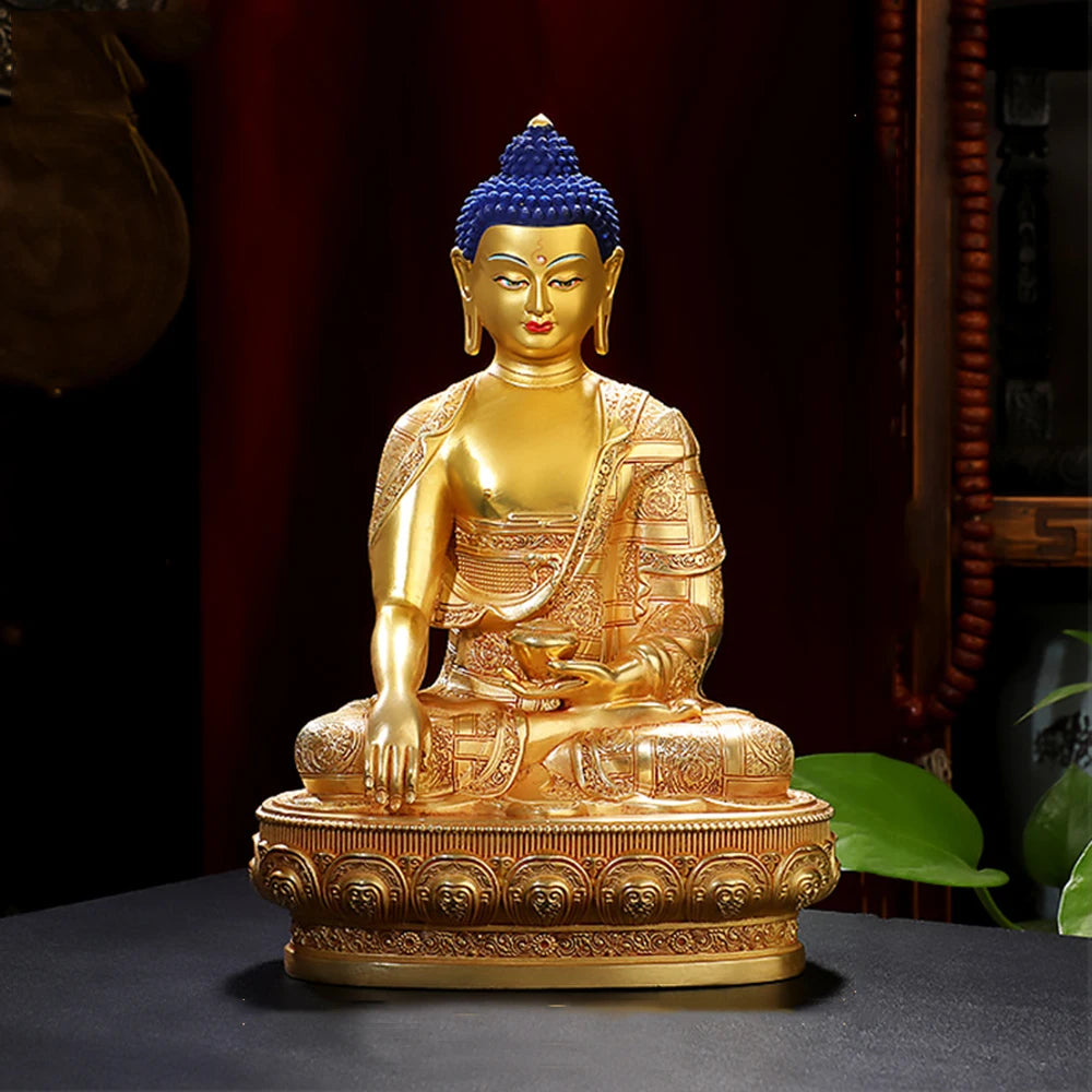 Ornement de bouddha Sakyamuni doré de 8 pouces, figurine en cuivre du bouddha, icônes ésotriques, petit ornement de bureau de culte à la maison