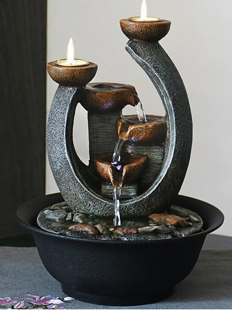 Fontaine Japonaise d’Intérieur avec Bougeoirs, LED Intégrée et Pompe Silencieuse