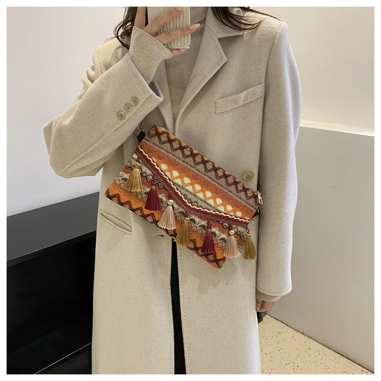 Sac à bandoulière femme vintage à franges – Polyester – 28,5 cm
