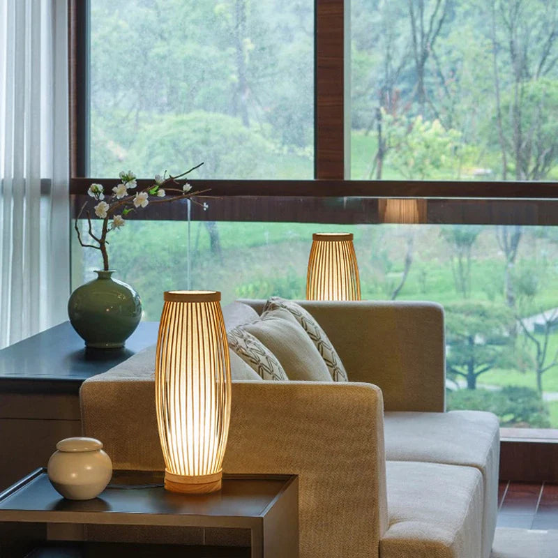 Lampe Japonaise en Bambou Naturel, Éclairage Zen Ajustable E27