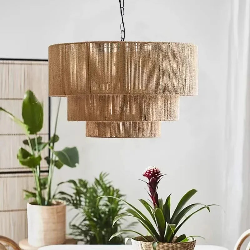 Lampe Japonaise en Corde de Chanvre, Suspension Zen à Lumière Douce