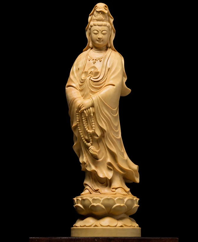 Statue Japonaise Guan Yin en Bois Massif | Sculpture Zen Compassion & Sérénité