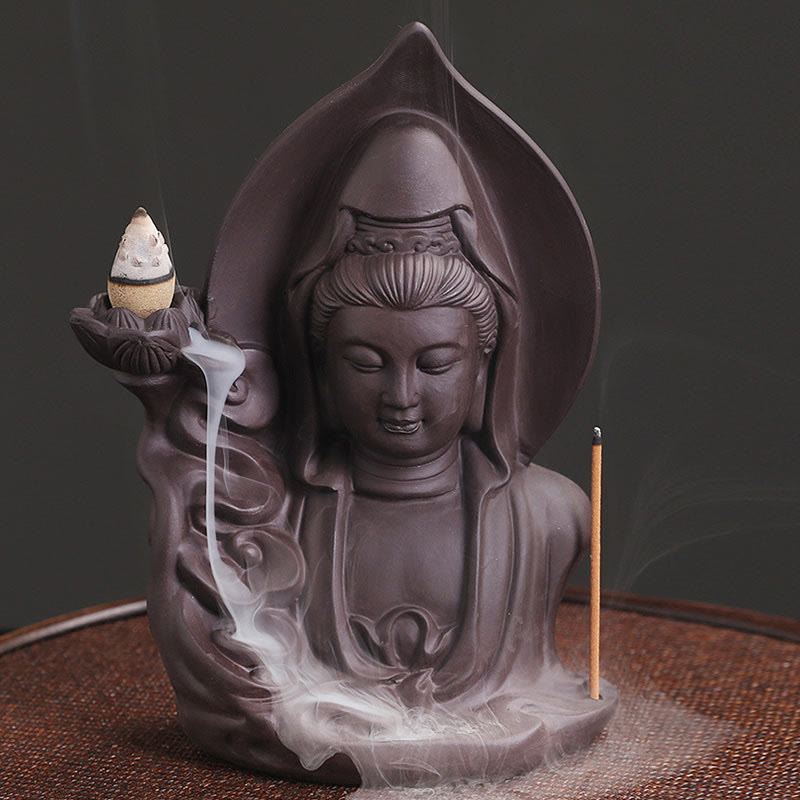 Brûleur d’Encens à Reflux Bouddha en Argile Pourpre – Design Lotus