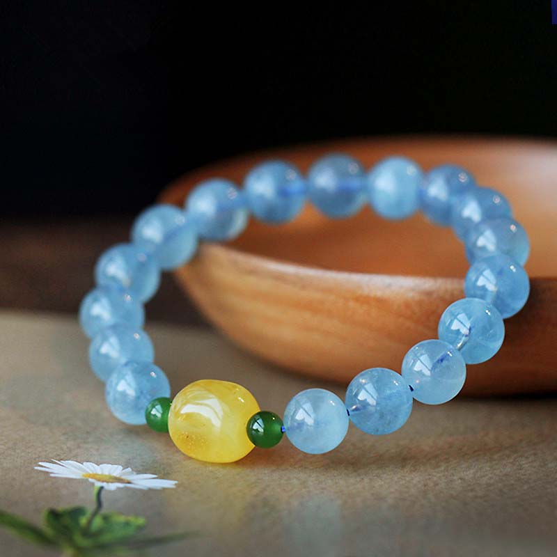 Bracelet Sérénité en Aigue-Marine & Ambre Naturels 8 mm | Harmonie & Apaisement Symbolique