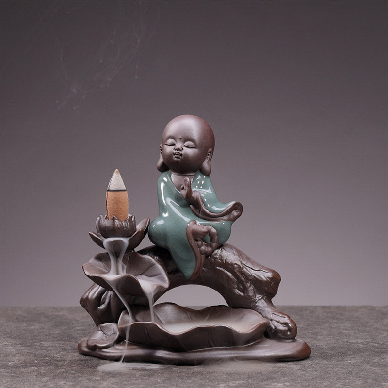 Brûleur d’Encens en Céramique Lotus & Petit Moine à Reflux