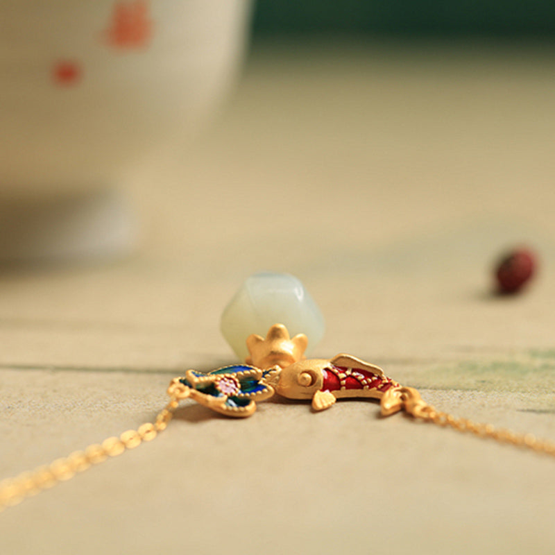 Pendentif Carpe Koï & Lotus en Jade Blanc Naturel