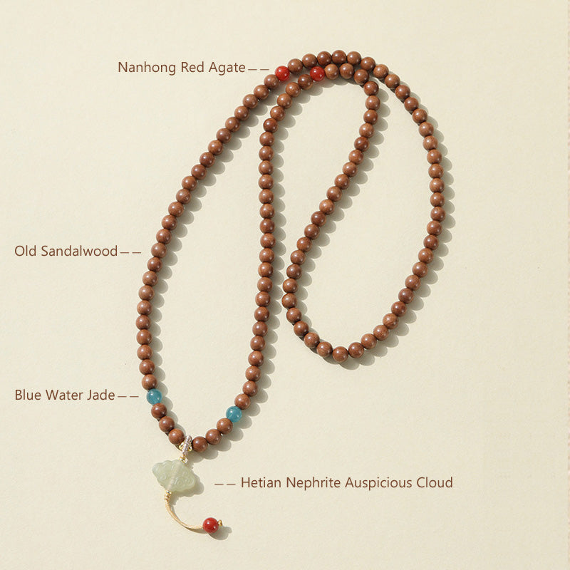Bracelet Mala en Bois de Santal Ancien – Symboles Sacrés & Pierres Naturelles
