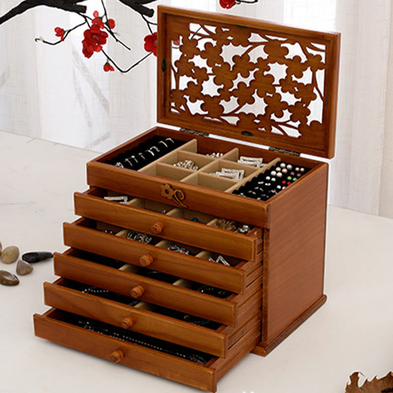 Boîte à bijoux en bois sculpté à six niveaux avec Buddha Stones et fleur de prunier vintage