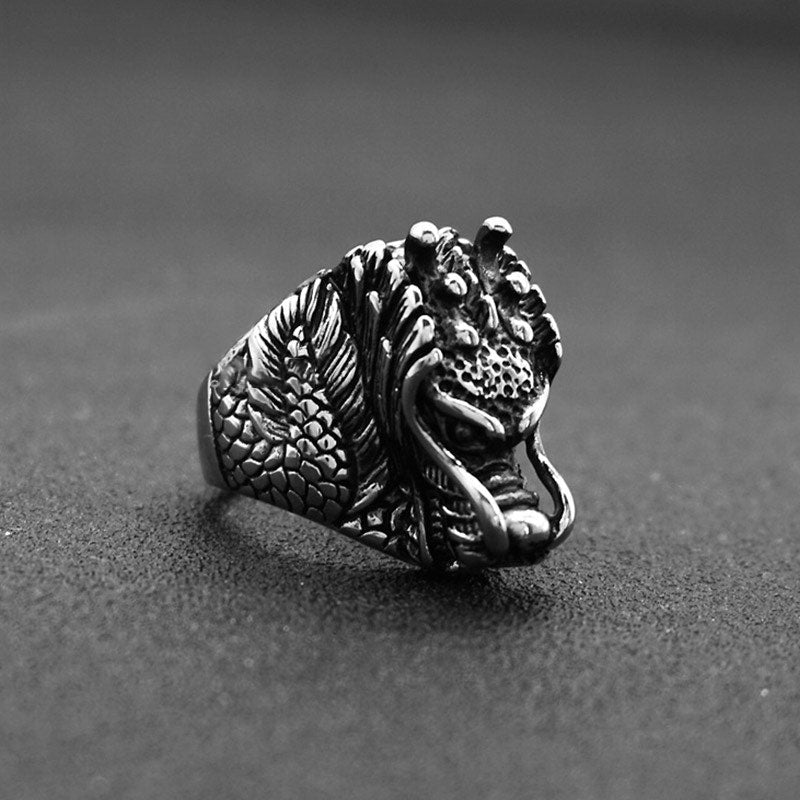 Bague Dragon Équilibre en Acier Titane – Anneau Symbolique Unisexe