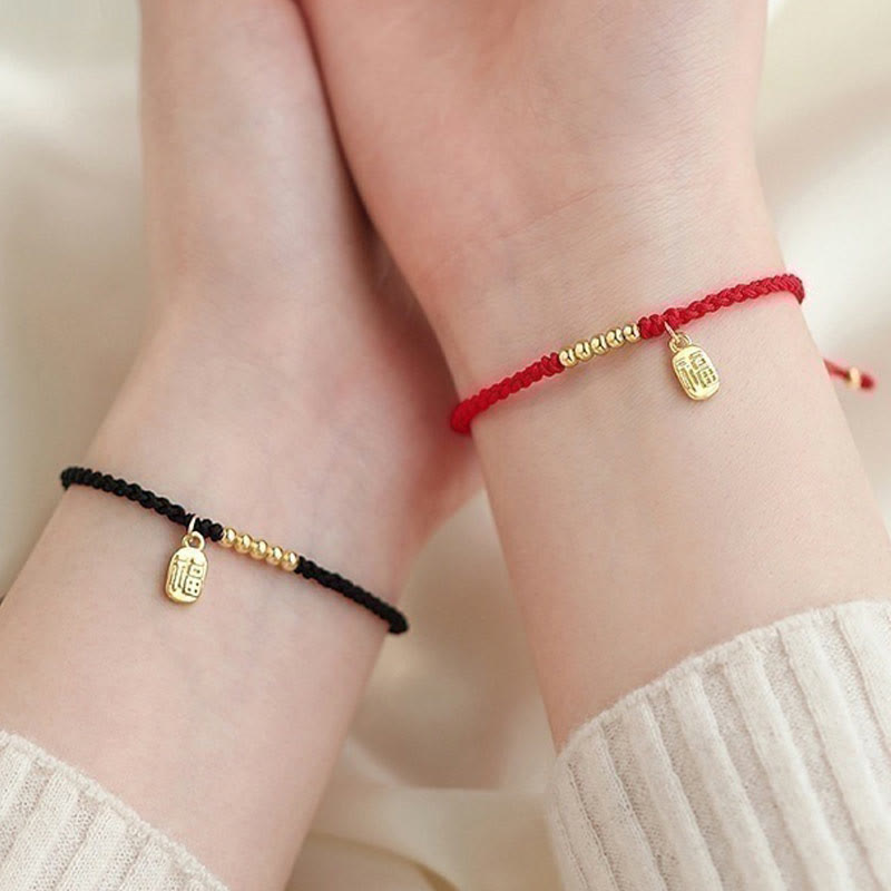 Bracelet Fil Rouge avec Symbole Fu (福) en Cuivre
