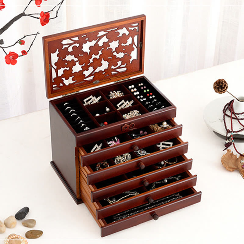 Boîte à bijoux en bois sculpté à six niveaux avec Buddha Stones et fleur de prunier vintage