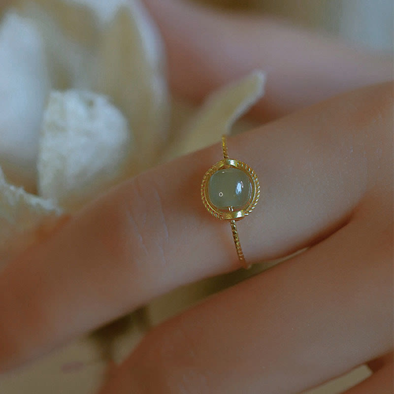 Bague Chance & Prospérité en Jade Naturel – Cuivre Plaqué Or 14 Carats – Ajustable