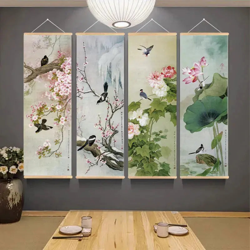 Décoration Murale Japonaise Zen aux Oiseaux et Fleurs (Kakemono)