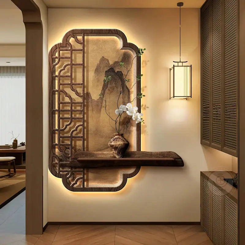 Applique Murale Japonaise LED en Bois Sculpté