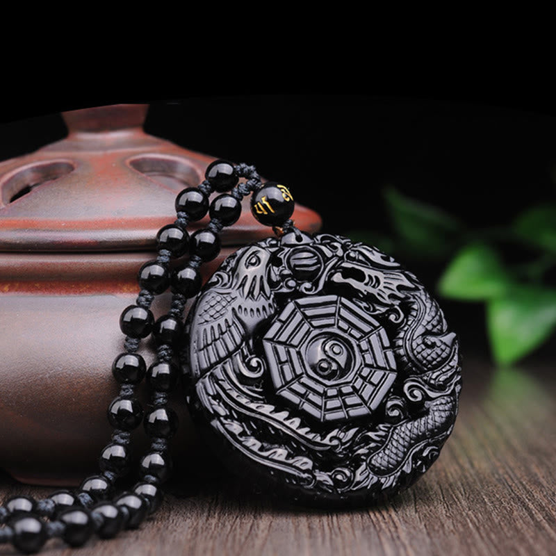 Pendentif Bagua Dragon & Phénix en Obsidienne Noire Naturelle