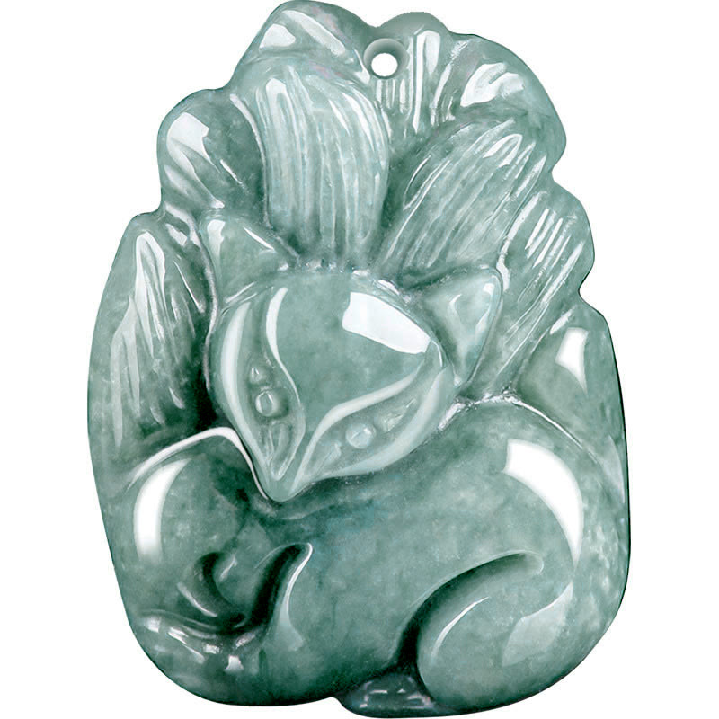 Collier de Prospérité Renard à Neuf Queues en Jade Vert Naturel – Pendentif Symbolique Unisexe
