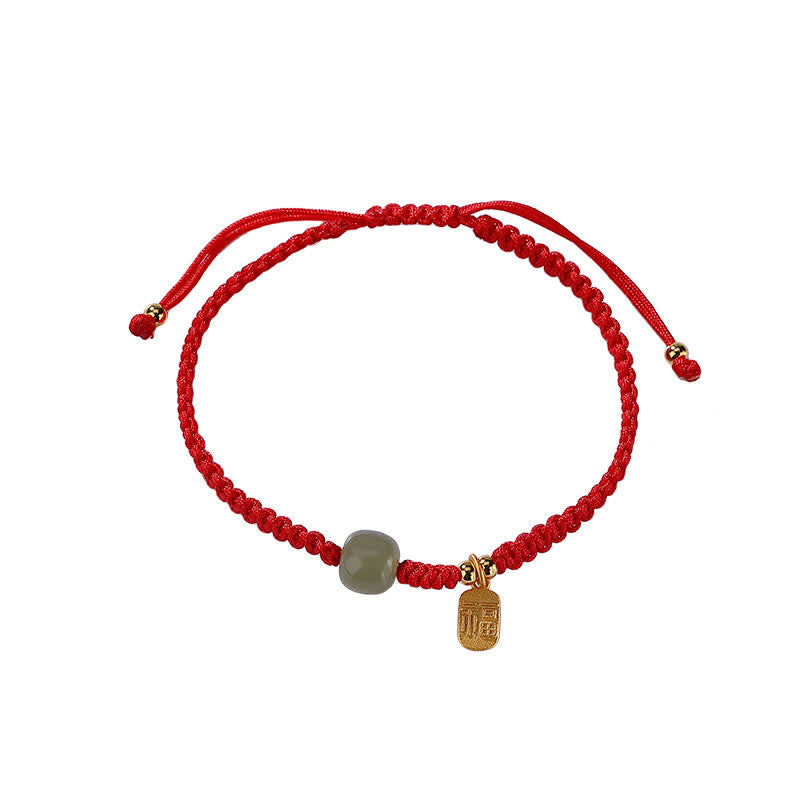 Bracelet Ajustable en Jade Hetian Rouge 7 × 8 mm & Fil Tressé