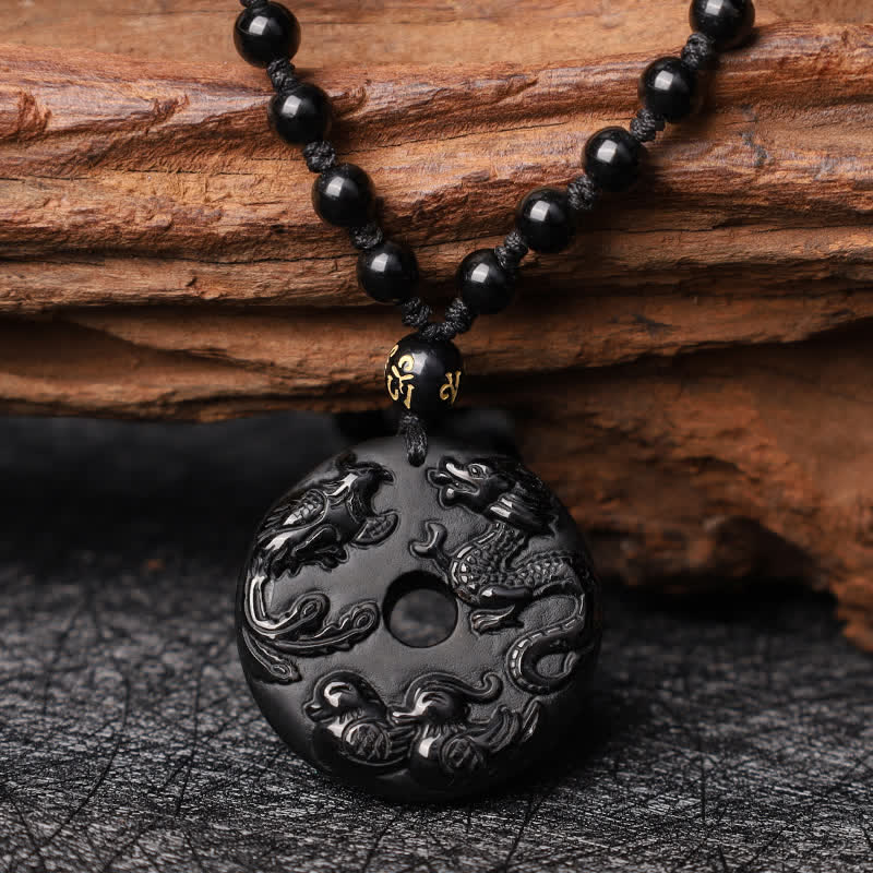Collier Dragon & Phénix en Obsidienne Noire Naturelle