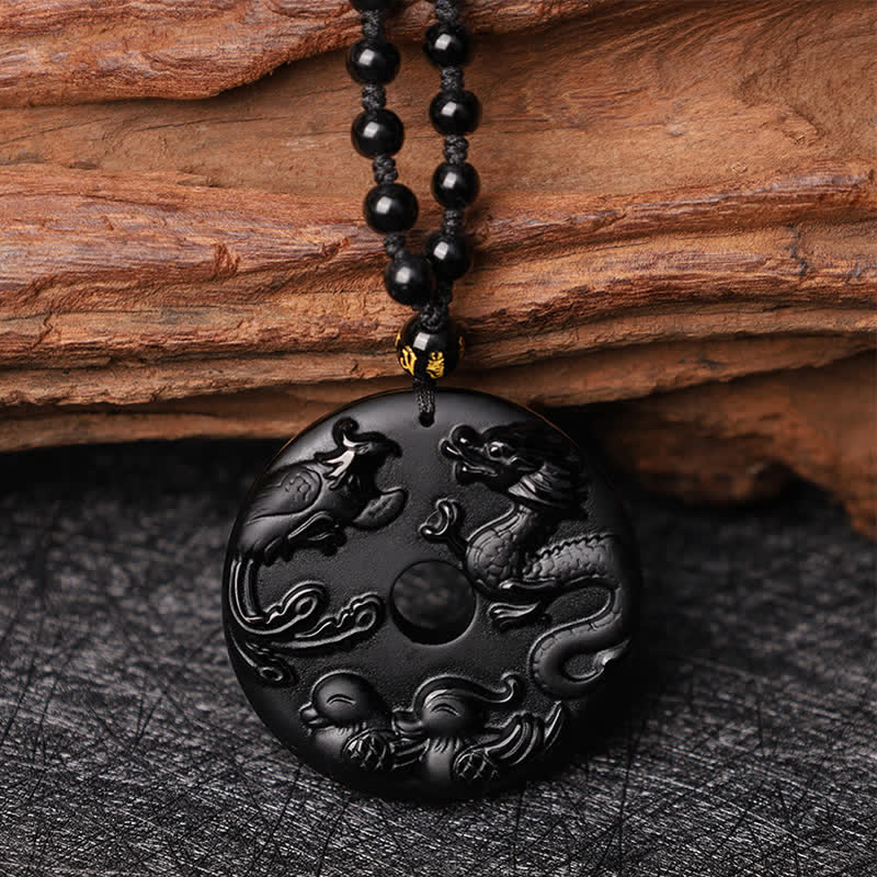 Collier Dragon & Phénix en Obsidienne Noire Naturelle