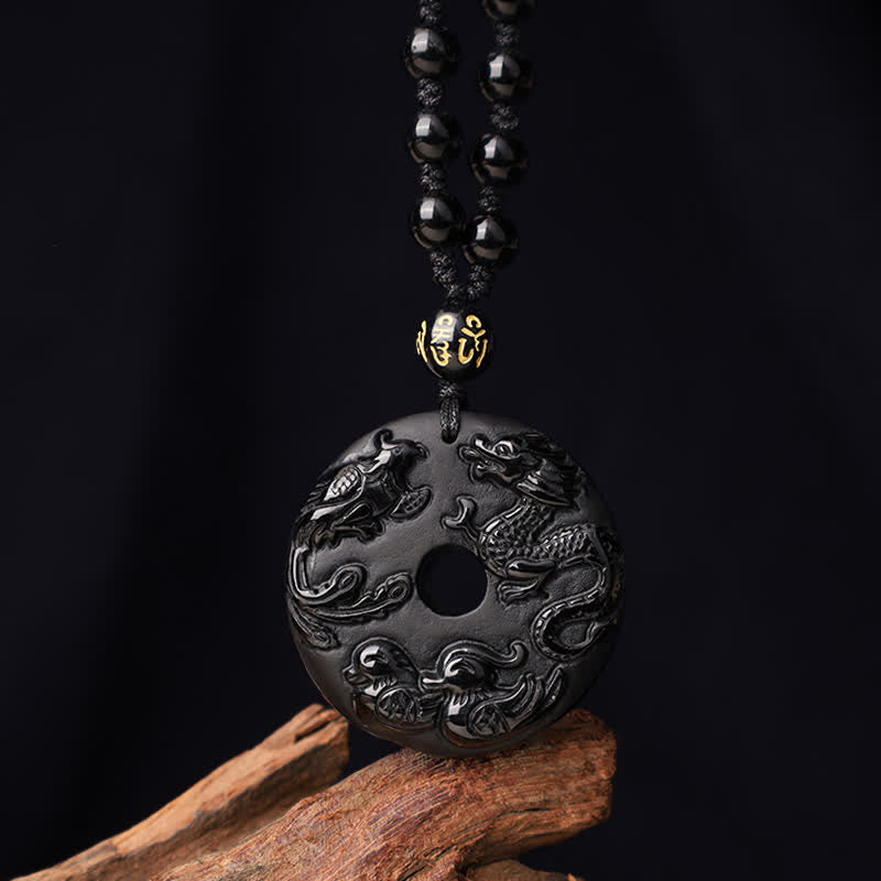 Collier Dragon & Phénix en Obsidienne Noire Naturelle