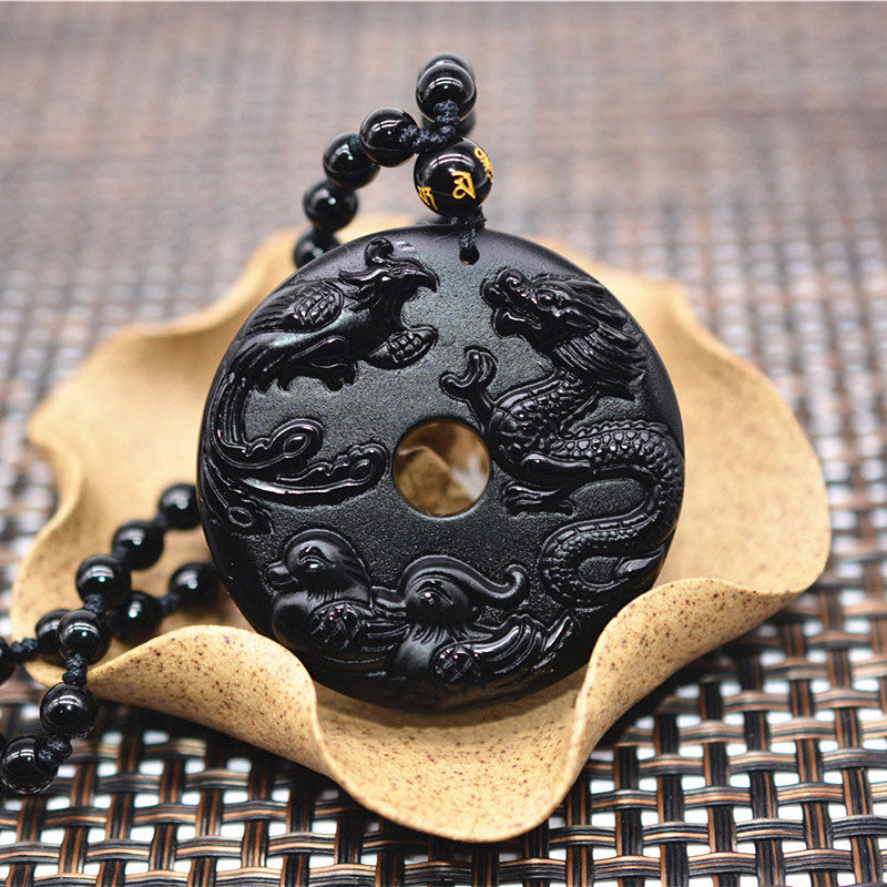 Collier Dragon & Phénix en Obsidienne Noire Naturelle