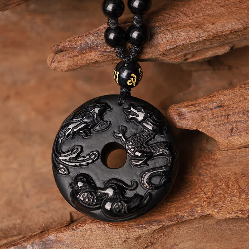 Collier Dragon & Phénix en Obsidienne Noire Naturelle