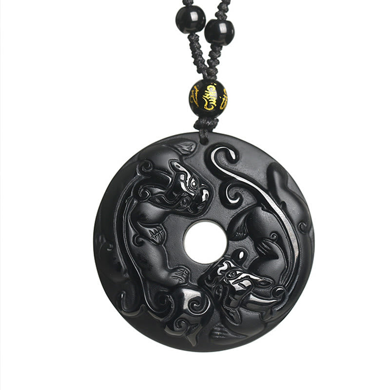 Collier Pixiu & Boucle de Paix en Obsidienne Noire Naturelle