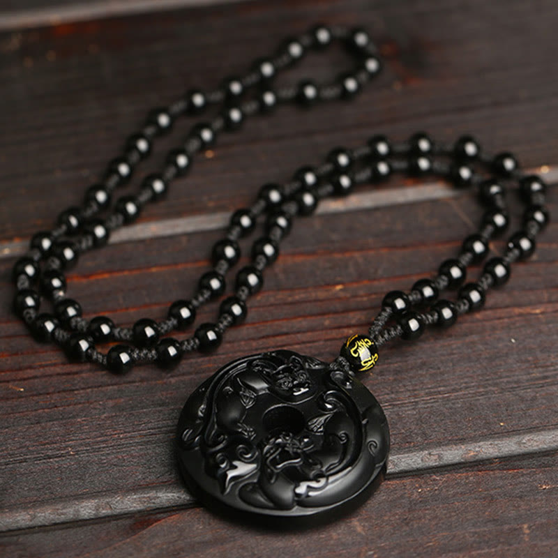Collier Pixiu & Boucle de Paix en Obsidienne Noire Naturelle
