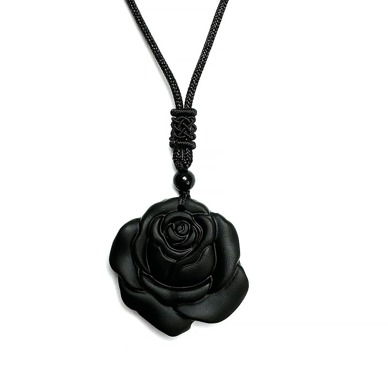 Collier Pendentif Rose en Obsidienne Noire Naturelle