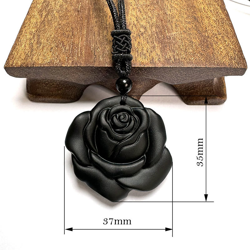 Collier Pendentif Rose en Obsidienne Noire Naturelle