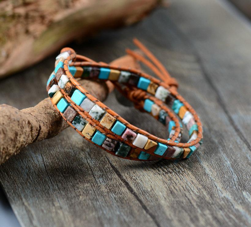 Bracelet Double Tour « Vie Colorée » en Pierres Naturelles & Cuir
