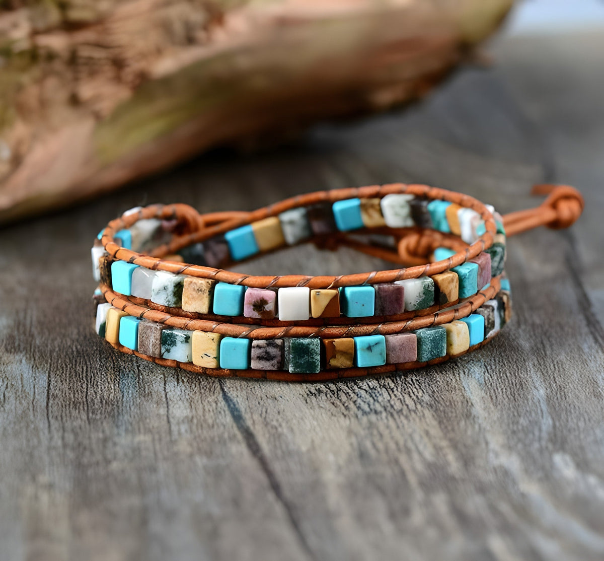 Bracelet Double Tour « Vie Colorée » en Pierres Naturelles & Cuir