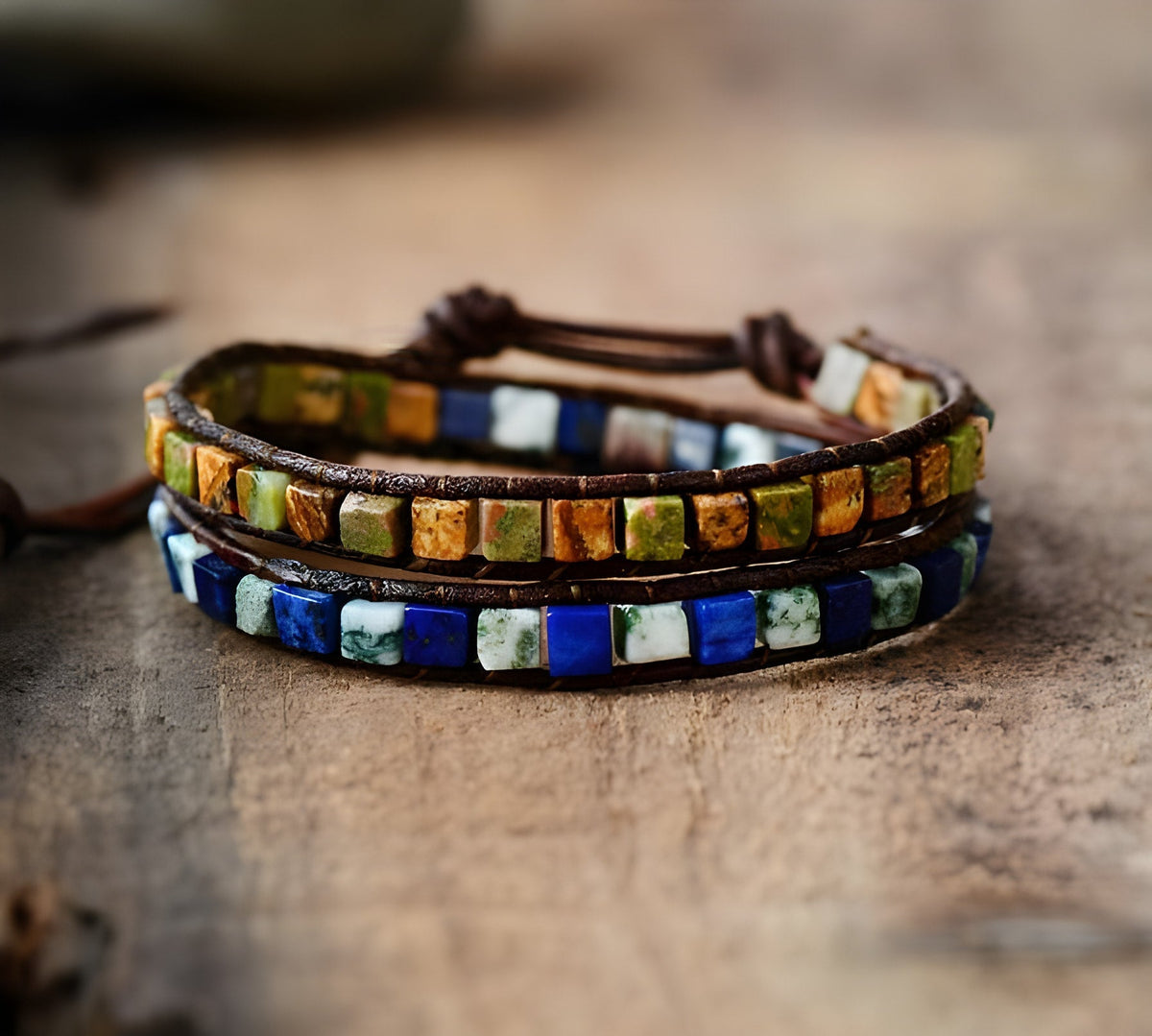 Bracelet Double Tour « Vie Colorée » en Pierres Naturelles & Cuir
