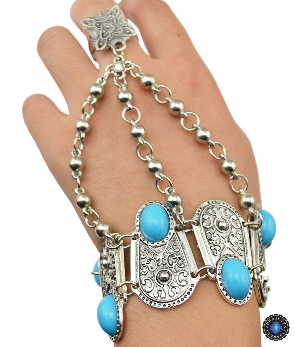 Chaîne de Main Bohème en Argent Vintage avec Fleur & Pièce (Ajustable)