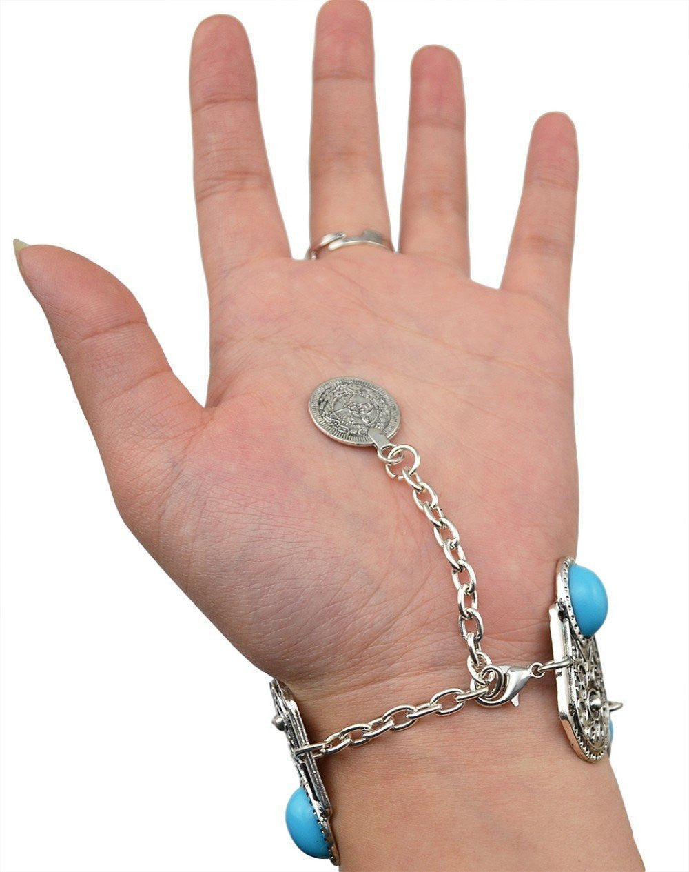 Chaîne de Main Bohème en Argent Vintage avec Fleur & Pièce (Ajustable)