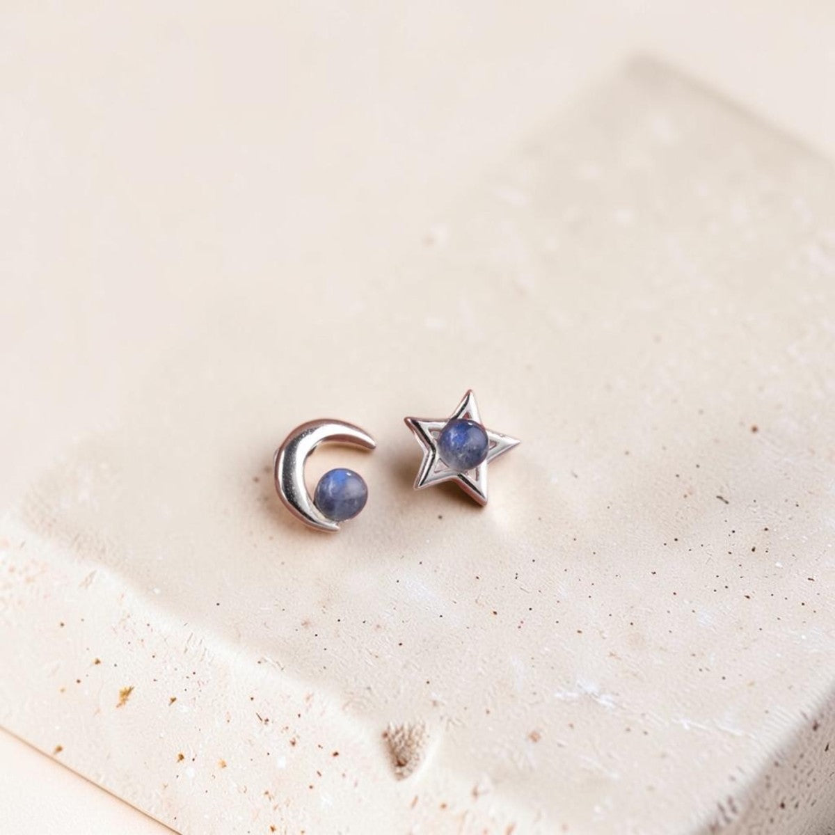 Boucles d'Oreilles Lune Étoile en Labradorite & Argent