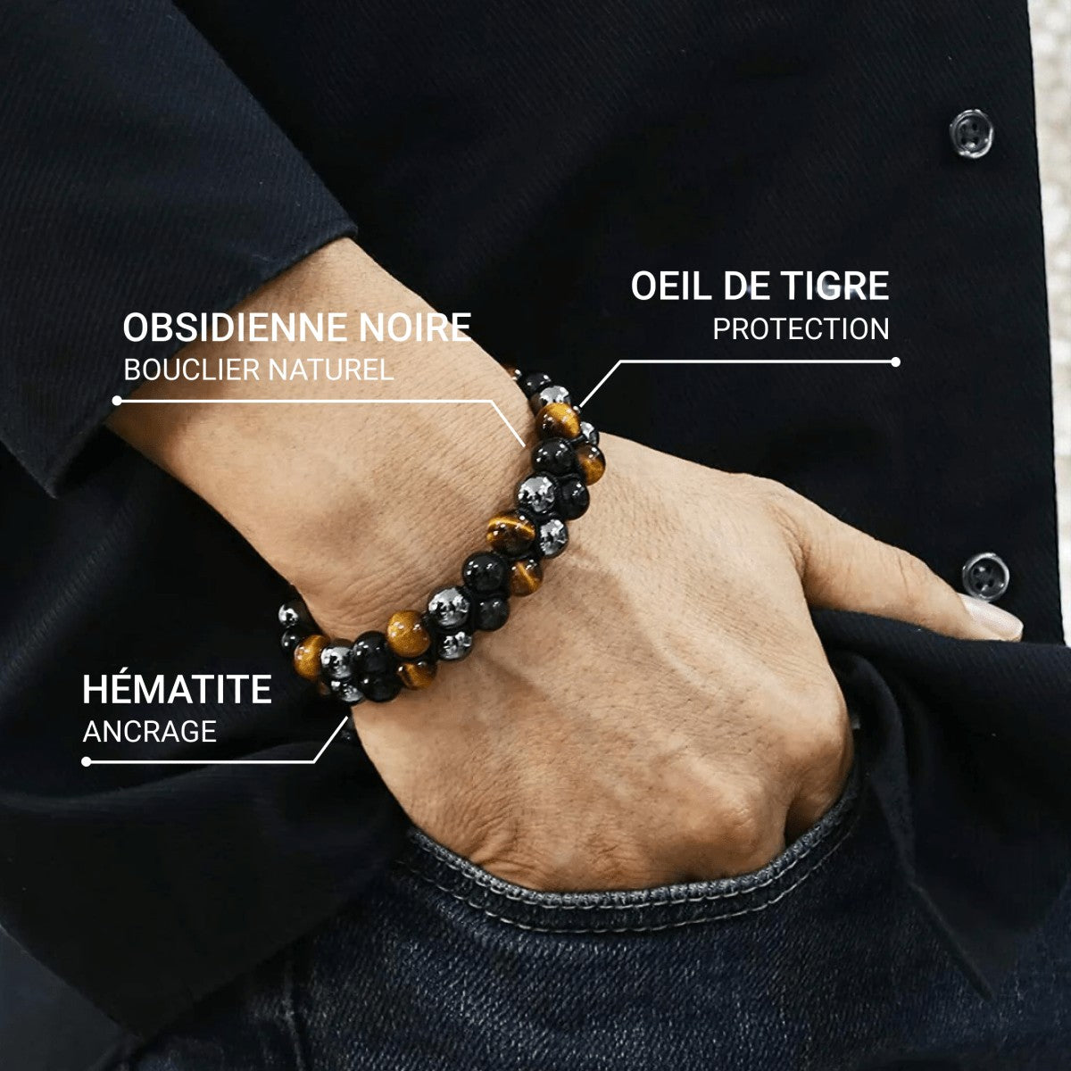 Bracelet Tressé Ajustable Triple Protections en Hématite, Oeil de Tigre & Obsidienne