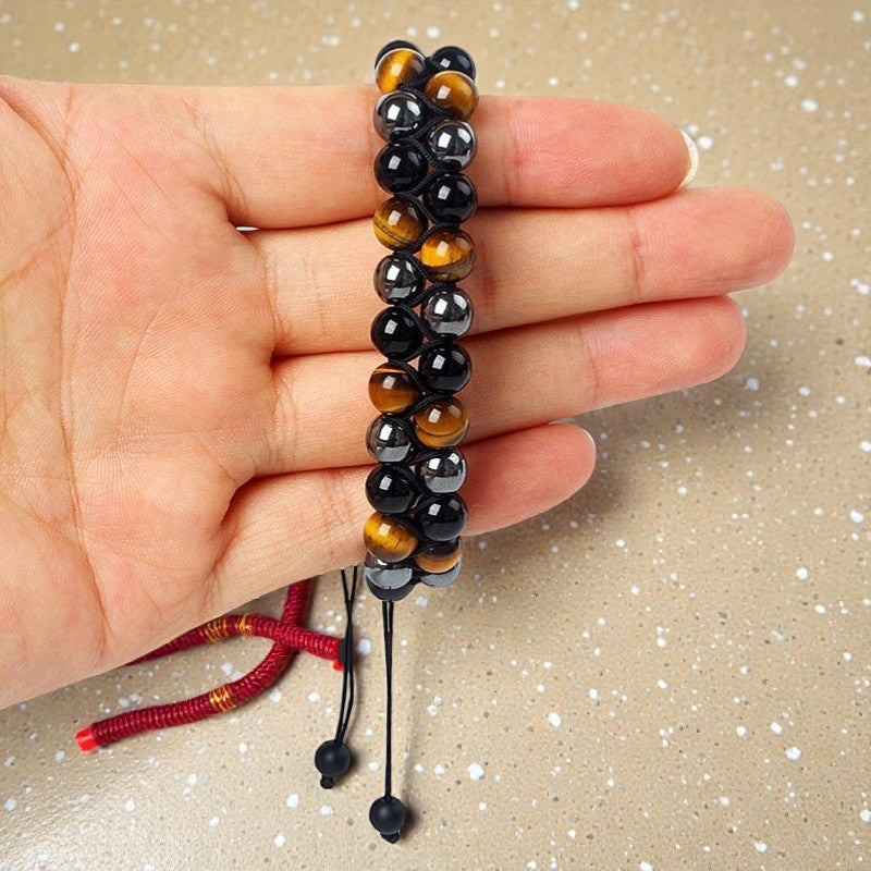Bracelet Tressé Ajustable Triple Protections en Hématite, Oeil de Tigre & Obsidienne