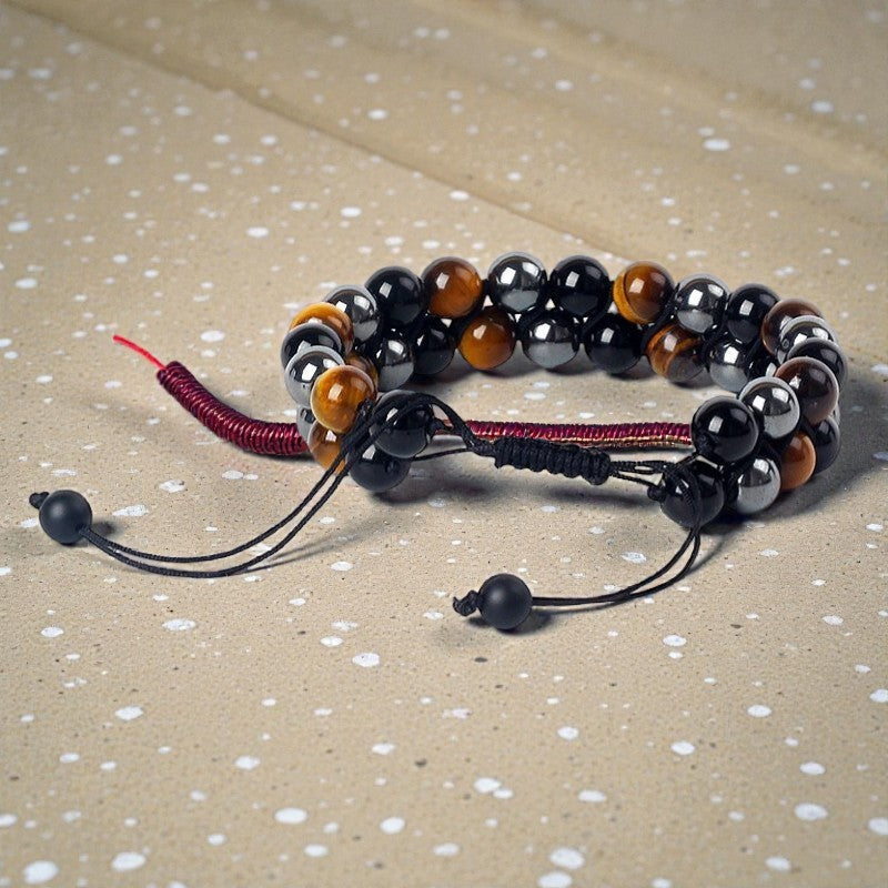 Bracelet Tressé Ajustable Triple Protections en Hématite, Oeil de Tigre & Obsidienne