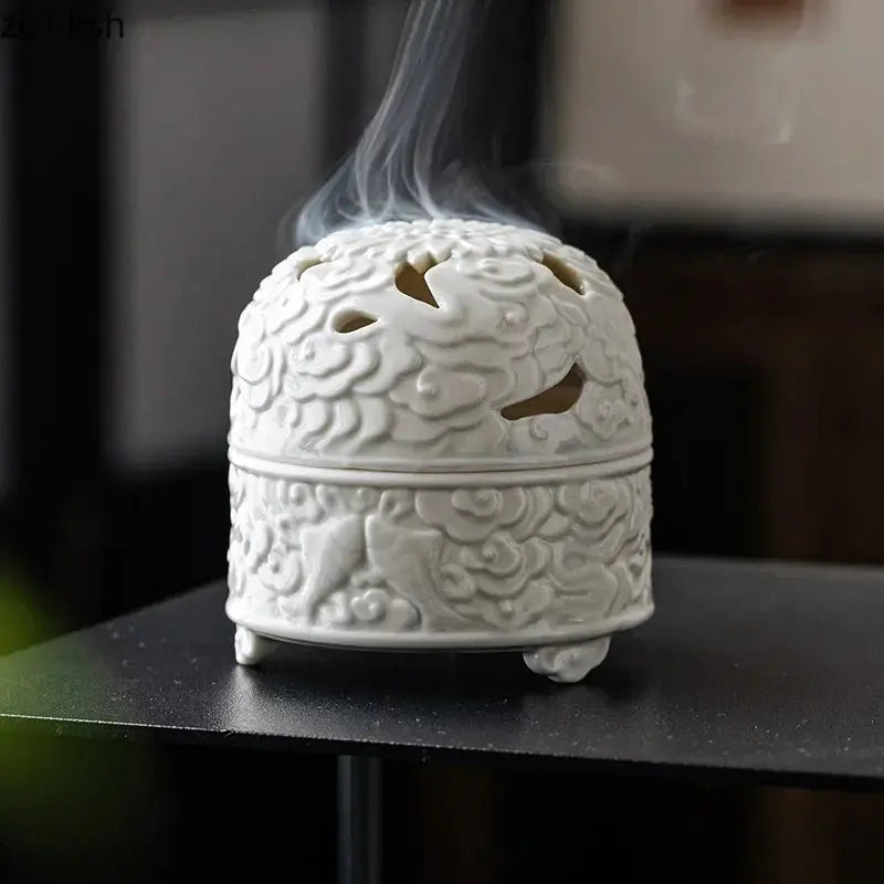 Brûleur d’Encens en Céramique Blanche, Nuages & Ambiance Zen