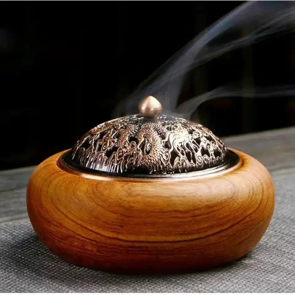 Brûleur d’Encens en Bois Massif et Laiton, Motif Tradition Zen