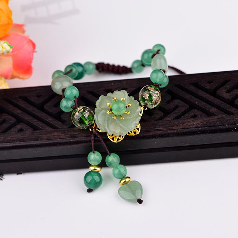 Bracelet Porte-Bonheur en Jade Vert & Fleur Symbolique | Harmonie & Épanouissement