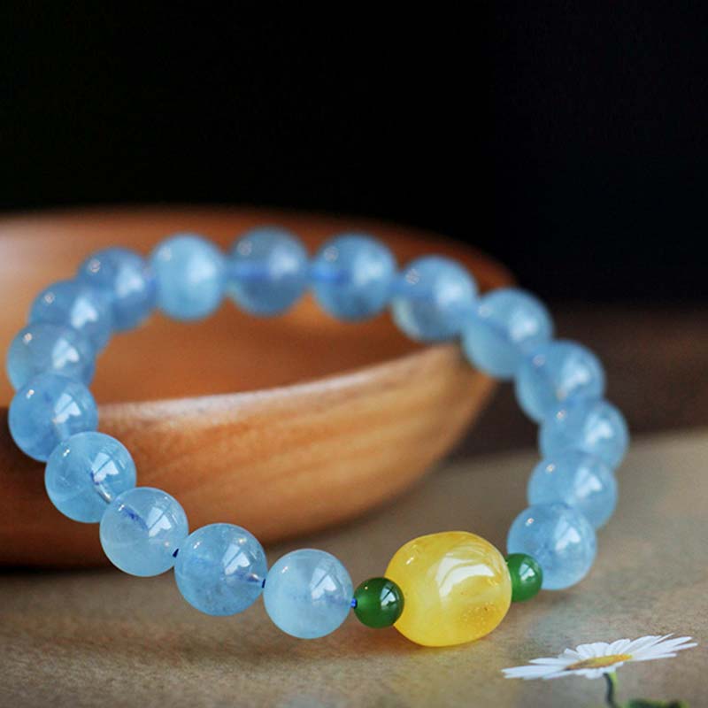 Bracelet Sérénité en Aigue-Marine & Ambre Naturels 8 mm | Harmonie & Apaisement Symbolique