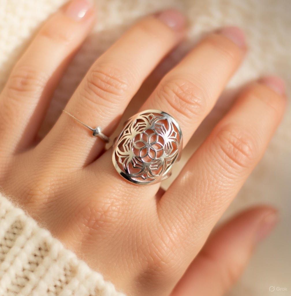 Bague “Fleur de Mandala” en Acier Inoxydable – Harmonie Symbolique & Élégance Intérieure