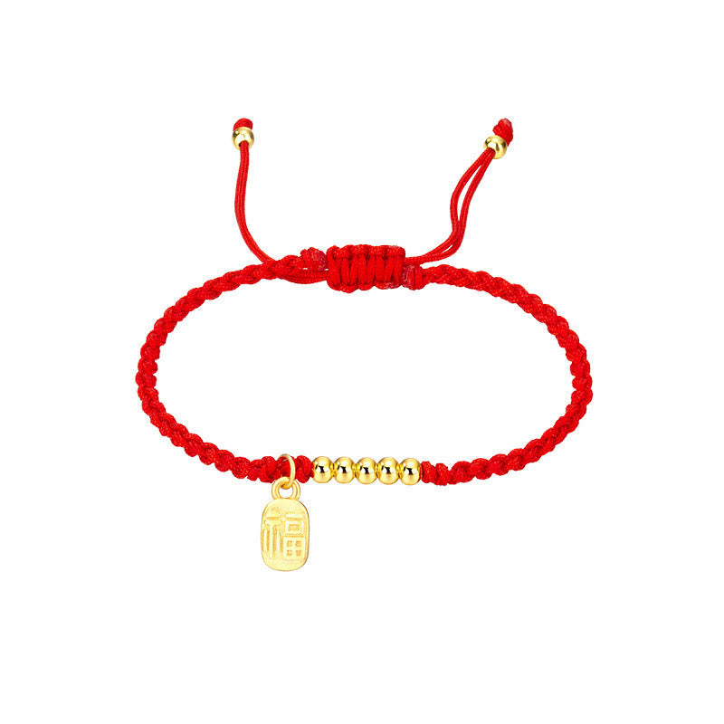 Bracelet Fil Rouge avec Symbole Fu (福) en Cuivre