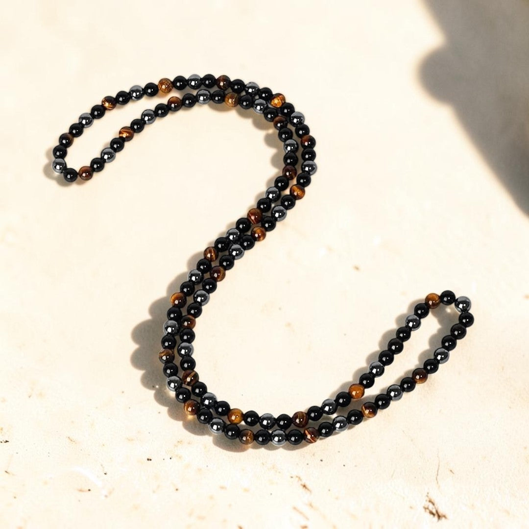 Collier 3 Protections en Hématite, Obsidienne & Oeil de Tigre