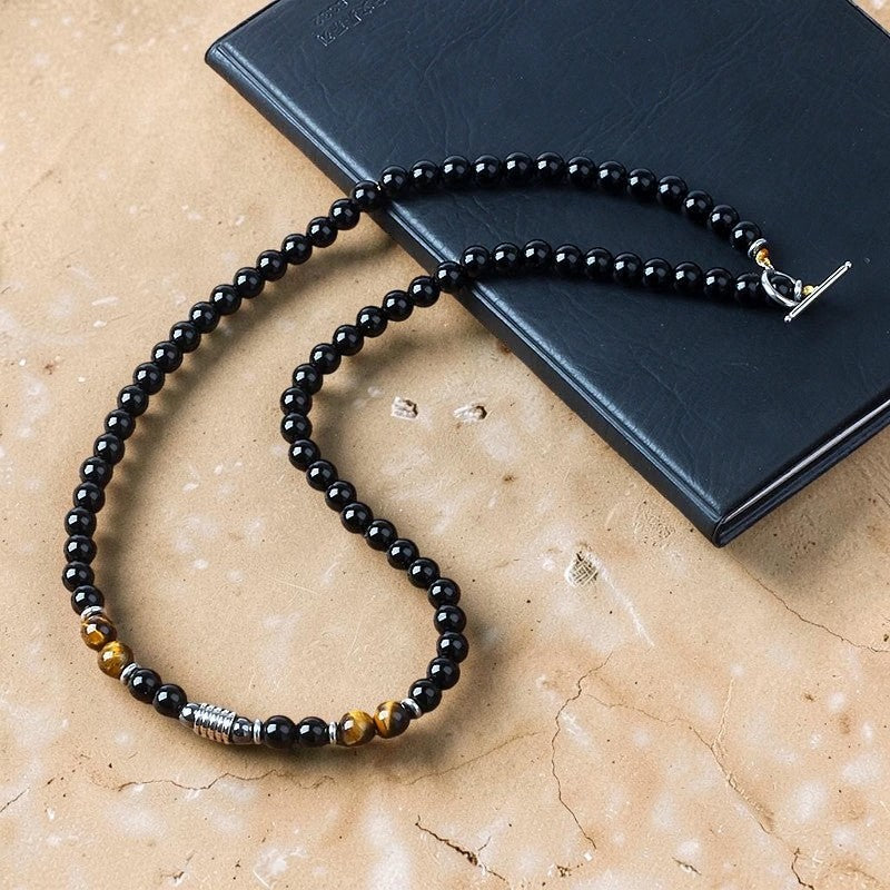 Collier Bouclier de Sagesse en Obsidienne Noire & Oeil de Tigre